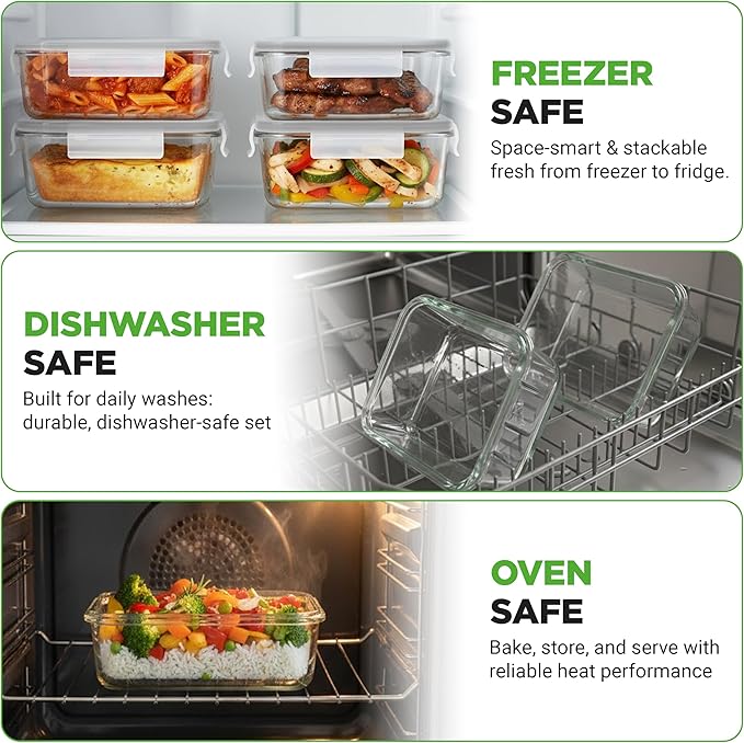 NutriChef 10 Piece Glass Food Storage Containers with Lids – 30 oz Meal Prep Containers Reusable – Airtight Glass Lunch Containers for Food Storage – Freezer to Oven Safe - Gray