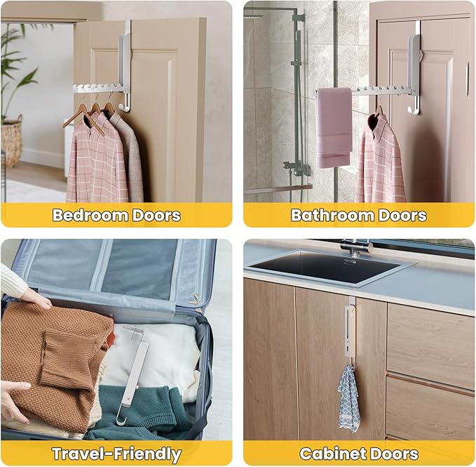 NiHome Foldable Over-The-Door Hook,Adjustable top Design,No Drill Installation Space-Saving Organizer, Portable Hanger Extra Hanging Space for Bathroom, Closet, Bedroom (White, 1PC)