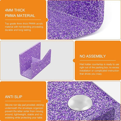 Beego Envelope and Mail Organizer Countertop - Glitter Purple Acrylic Desk Organizer Letter Holder Desktop File Sorter Bill Document Folder Rack for Office, Home, School Desk Organization