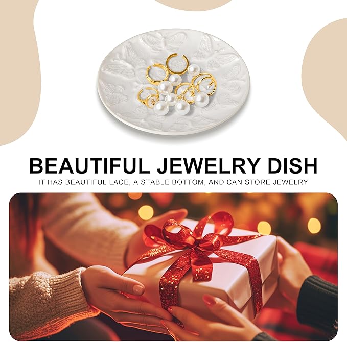 Ceramic Jewelry Dish, Decorative Tray for Rings Earrings Necklaces Bracelet Watch Keys, 4.50" Trinket Tray as Gifts for Women (White Butterflies)