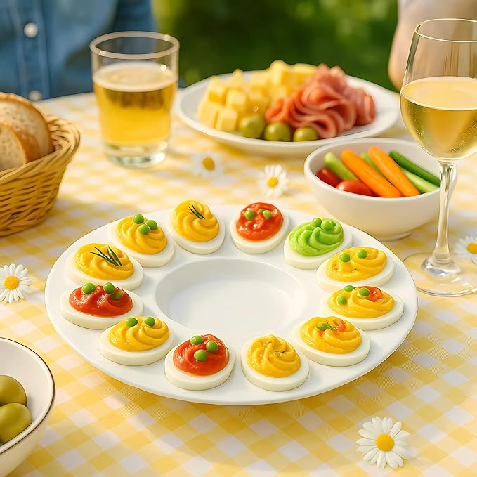 echomerx 10" White Ceramic Deviled Egg Serving Platters - 2 Round Ceramic Dishes, Trays Holds 12 Eggs ea. - Ideal for Easter Christmas Entertaining - 2-Pack