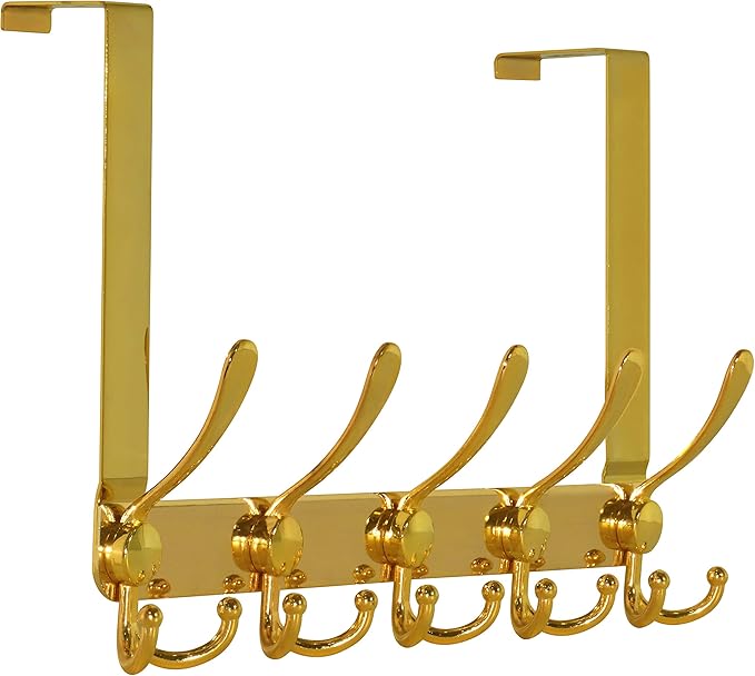 Dseap Over The Door Hook Hanger - Fits 1 3/8" to 1 3/4" Standard Doors | 5 Tri Hooks Heavy Duty Towel/Coat Rack | Door Organizer for Clothes, Jackets, Hats, Towels, Gold