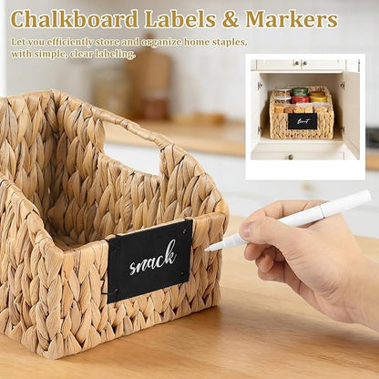 4 Pack Water Hyacinth Pantry Organizers, Wicker Storage Basket with Handles Chalkboard Labels Marker, Woven Storage Baskets for Shelves Kitchen Bedroom Bathroom
