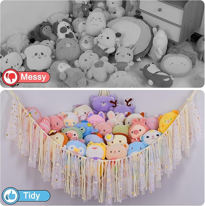 FIOBEE Stuffed Animals Net or Hammock with LED Light, Toy Hammock Hanging Stuffed Animals Storage Organizer Holder Room Décor for Nursery Kids Bedroom