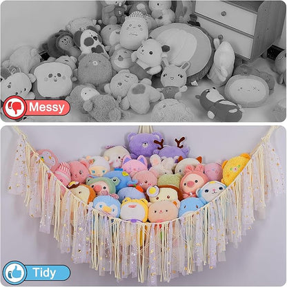 FIOBEE Stuffed Animals Net or Hammock with LED Light, Toy Hammock Hanging Stuffed Animals Storage Organizer Holder Room Décor for Nursery Kids Bedroom