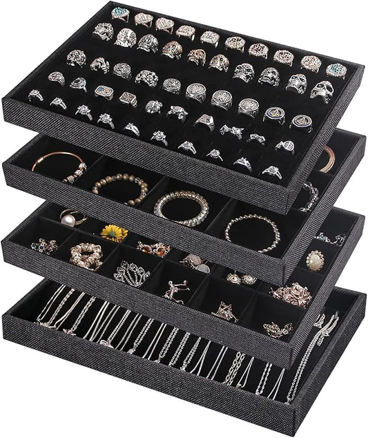 Julysky 4 Pcs/set Stackable Jewelry Organizer Trays for Drawer,100 Slots Ring Tray，Necklace Tray,12 Grid,24 Grid Jewelry Displays for Selling,Black