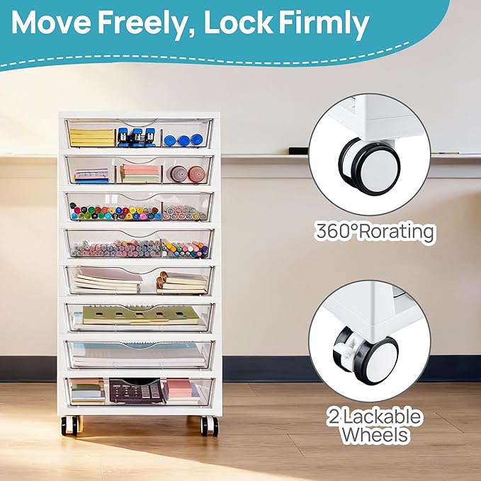 Vtopmart 8 Tier Rolling Cart with Drawers, Clear Plastic Drawers with Removable Dividers for Art &Office Supplies, Beauty Products, Toy, Under Desk Storage for Craft Room, Classroom