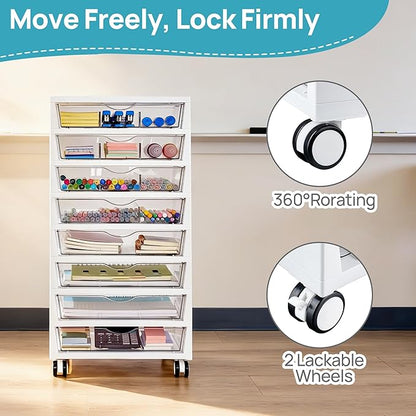 Vtopmart 8 Tier Rolling Cart with Drawers, Clear Plastic Drawers with Removable Dividers for Art &Office Supplies, Beauty Products, Toy, Under Desk Storage for Craft Room, Classroom