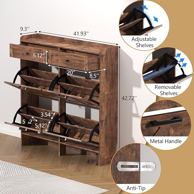 Shoe Cabinet with 4 Flip Drawers & 2 Storage Drawers, Rustic Farmhouse Narrow Shoe Organizer Cabinet, Slim Shoe Rack Cabinet, Shoe Storage Cabinet for Entryway, Hallway, Front Door