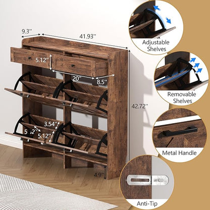 Shoe Cabinet with 4 Flip Drawers & 2 Storage Drawers, Rustic Farmhouse Narrow Shoe Organizer Cabinet, Slim Shoe Rack Cabinet, Shoe Storage Cabinet for Entryway, Hallway, Front Door