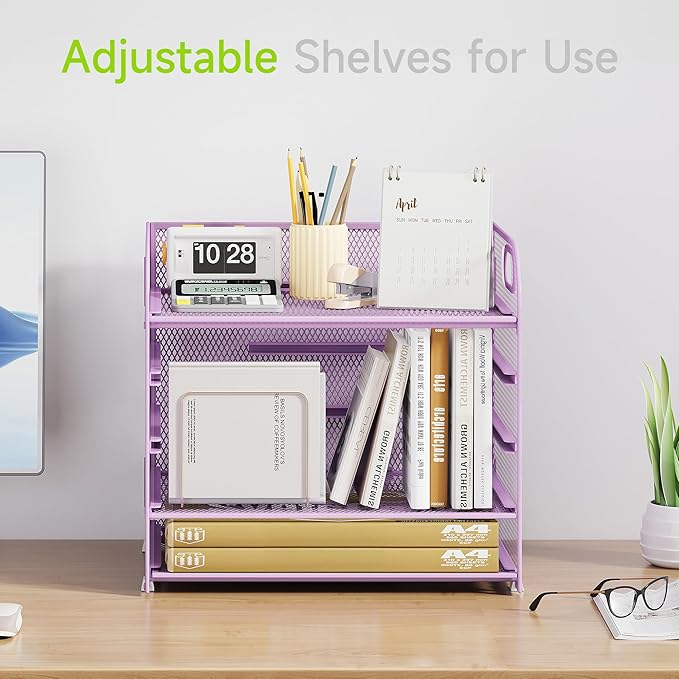 2 Pack 5 Tier Paper Organizer, Letter Tray with Handle, Mesh Desk Organizer, Metal File Organizer, Office Desk Accessories for Home, Office, Classroom, School -Purple