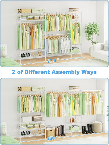 Ulif E11 Heavy-Duty Garment Rack, Metal Freestanding Clothes Rack and Closet Storage Organizer with 8 Shelves and 4 Hanger Rods, (73.2-97.6)" W x 14.5" D x 71.2" H, Load 1034 LBS, White