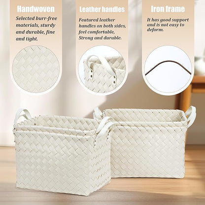 Handwoven Clothes Basket Laundry Hampers Large Wicker Storage Baskets for Shelves Blankets Closet Storage Bins Car Bedroom Bathroom Organizers and Storage Bath (Pack of 4, White)