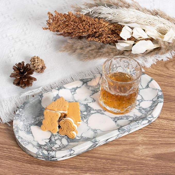 Koville Natural Marble Tray for Bathroom Countertop, Marble Vanity Trays for Perfume, Cosmetics, Jewelry, Decorative Tray for Dresser Organizer, Stone Storage Trays for Bathroom Decor(Grey)