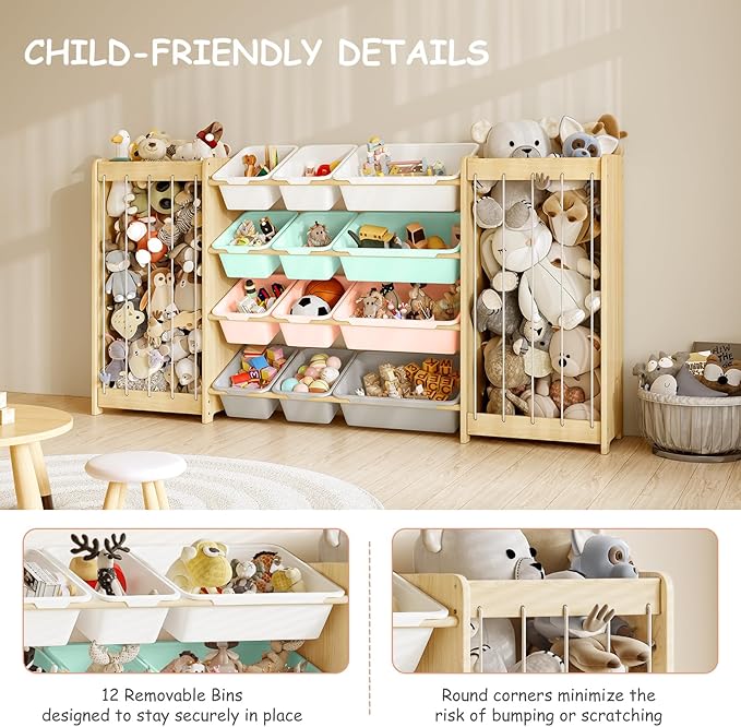 Large Toy Storage Organizer, Wooden Stuffed Animal Storage & 12-Bins Toy Organizer, Double-Sided Plush Toy Holder Featuring Thicker Ropes, Space Save Playroom Nursery Bedroom Storage, Multi