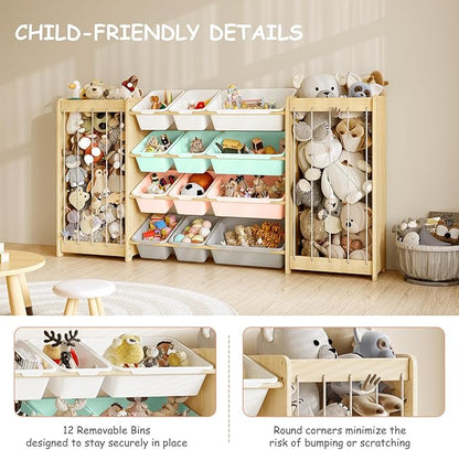 Large Toy Storage Organizer, Wooden Stuffed Animal Storage & 12-Bins Toy Organizer, Double-Sided Plush Toy Holder Featuring Thicker Ropes, Space Save Playroom Nursery Bedroom Storage, Multi