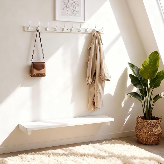 WEBI Coat Rack Wall Mount,10 Hooks,38 1/4" Long,Coat Hooks Wall Mounted,Bamboo Coat Hanger Wall Hook Rack,Jacket Hooks for Hanging Coats,Clothes,White