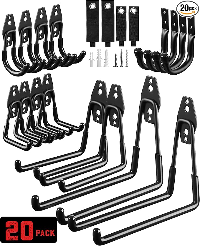 LANDNEOO Garage Hooks, 20-Pack Steel Garage Accessories for Organization and Storage, Heavy Wall Mount Duty Hooks with Anti-Slip Coating for Hanging Ladder, Bike, Power Tools and More Tools, Black