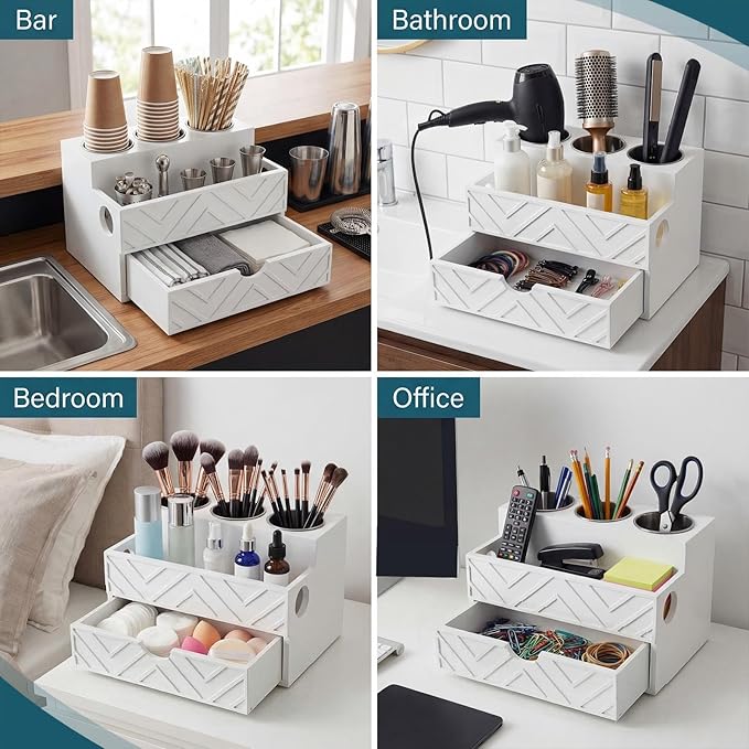 AceOrbit Hair Tool Organizer with Drawer, Hair and Makeup Bathroom Vanity Organizers and Storage Fits Blow Dryer, Curling Iron, Makeup Brushes, Skincare, Hot Tools Organizer for Tidy Counter(White)