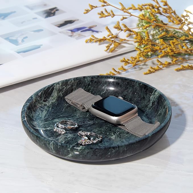 Plukers Small Natural Marble Jewelry Tray Key Plate Holder Dish Trinket Decor Catch All Bowl for Ring Earring Stone Gift for Women Daugther,Verde Alpi Green