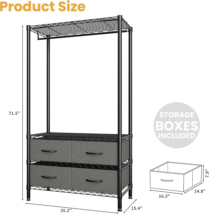 Clothes Rack with 4 Fabric Storage Drawers and Adjustable Shelves, 3-Tier Heavy-Duty Garment Rack Portable Clothes Hanger Closet Organizers for Bedroom Dorm Apartment, 71.5"H x 35.2"W x 15.4"D