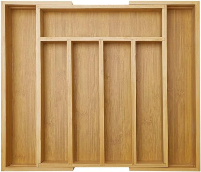 Expandable Large Utensil Drawer Organizer Cutlery Tray Bamboo Kitchen Silverware Organizer Cooking Utensil Tray Holder Adjustable Wooden Flatware Organizer for Drawer Spoon Fork Silverware Tray