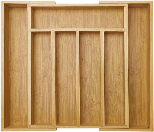 Expandable Large Utensil Drawer Organizer Cutlery Tray Bamboo Kitchen Silverware Organizer Cooking Utensil Tray Holder Adjustable Wooden Flatware Organizer for Drawer Spoon Fork Silverware Tray