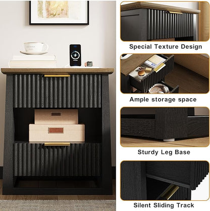 HIFYOBRO Fluted Nightstands with Charging Station & Motion Sensor Light, Modern Bedside Tables with 2 Drawers and Storage Shelf for Bedroom, Black