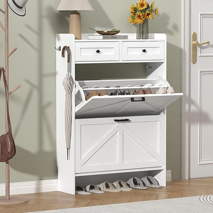 Shoe Cabinet with 2 Flip Drawers & 2 Storage Drawers, Rustic Farmhouse Narrow Shoe Organizer Cabinet, Slim Shoe Rack Cabinet, Shoe Storage Cabinet for Entryway, Hallway, Front Door