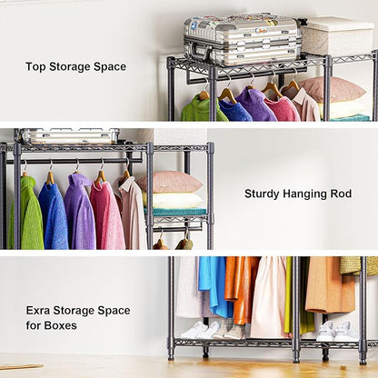 Heavy Duty Rolling Garment Rack 3 Tiers Adjustable Wire Shelving Clothes Rack with 3 Rods and Side Hooks,Storage Closet Clothing Rack Black 15.7" D x 43.3" W x 76.5" H