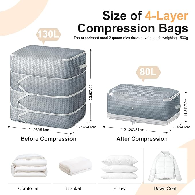 Easortm Comforter Storage Bag - 130L Large Capacity Blanket Storage Bags 4-Layer Ultra Space Saving Self Compression Organizer, Washable Compression Bags for Storage Comforter Blanket, 4-Pack, Grey
