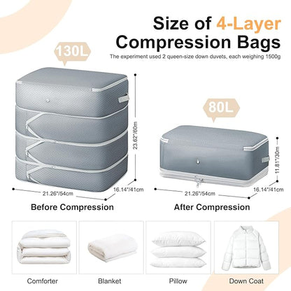 Easortm Comforter Storage Bag - 130L Large Capacity Blanket Storage Bags 4-Layer Ultra Space Saving Self Compression Organizer, Washable Compression Bags for Storage Comforter Blanket, 4-Pack, Grey