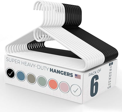 Neaties Super Heavy Duty Clothes Hangers 6 Pack – Made in The USA - 10lb Capacity, Thick Plastic Hangers for Pants, Coats, Jackets, Jeans and Adult Clothing – White & Black