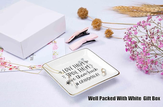 Mother's Day Gift for Grandma-Grandmother Ring Dish Gifts-Love Them Spoil Them Give Them Back Grandmalife-Birthday or Christmas Presents for Nana Gigi-Ceramic Jewelry Tray,Trinket Holder
