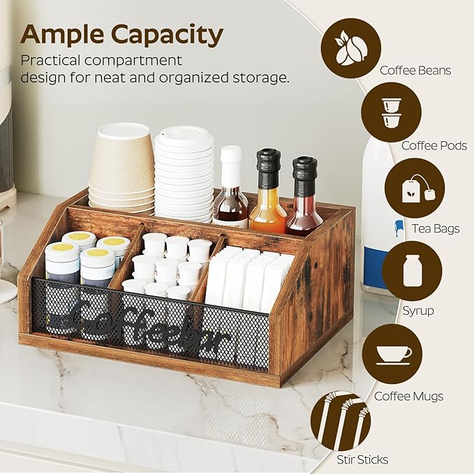 Coffee Pod Organizer, Wooden Coffee Bar Organizer for Countertop, Versatile Pod Holder with Dividers, Holds Syrup, Cups, Tea Bags, Easy Assembly, Rustic Brown KH11BR