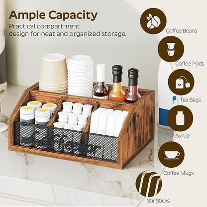 Coffee Pod Organizer, Wooden Coffee Bar Organizer for Countertop, Versatile Pod Holder with Dividers, Holds Syrup, Cups, Tea Bags, Easy Assembly, Rustic Brown KH11BR