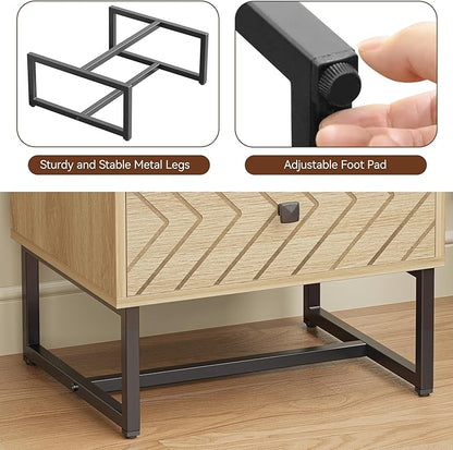 HOCAT Modern Nightstand with Two Storable Drawers,Sturdy Bedside Table Space-Saving Night Stand with Black Metal Legs for Bedroom,Oak