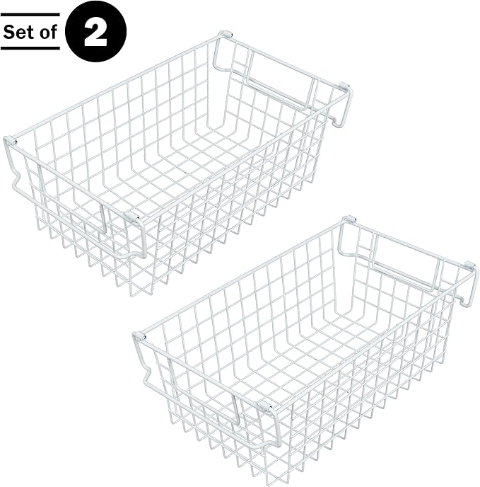 Home-Complete 2 pcs 16"x9" Medium Stackable Wire Baskets, Organizer Stacking Storage Bins for Shelf, Pantry, Kitchen, Cabinets, can also be used in Chest Freezers (White)
