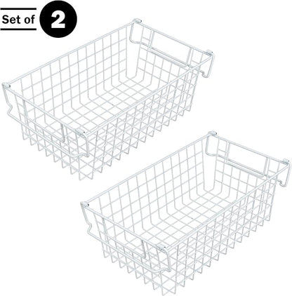 Home-Complete 2 pcs 16"x9" Medium Stackable Wire Baskets, Organizer Stacking Storage Bins for Shelf, Pantry, Kitchen, Cabinets, can also be used in Chest Freezers (White)