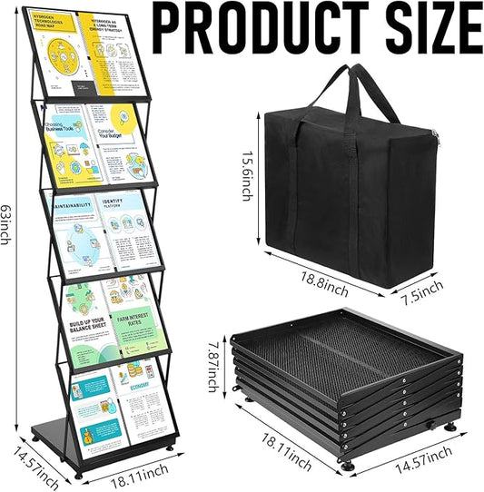Brochure Display Stand 5-Tier Foldable Magazine Rack Portable Double A4 Size Literature Brochure Holder Magazine Rack Metal 10 Pockets with Carrying Bag for Trade Show Exhibition Office