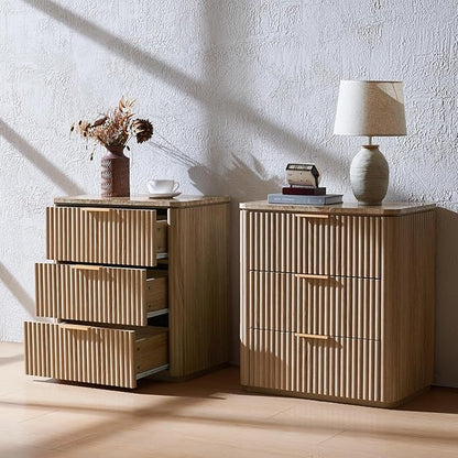 Fluted Nightstand Set of 2, Engineered Wood Bedside Table with 3 Drawers, Modern End Table with Faux Marble-Top, Curved Corners, Metal Handle, Large Night Stand for Bedroom, Office, Closet Natural Oak