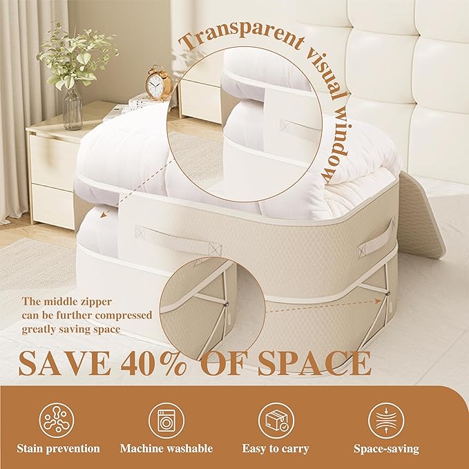 Compression Storage Bags for Bedding, 68L Ultra Space Saving Self Compression Organizer with Transparent Window, Used for Storing Comfortable Blankets,Bedding,Pillows,Clothes (Oatmeal 21x16x11 in)