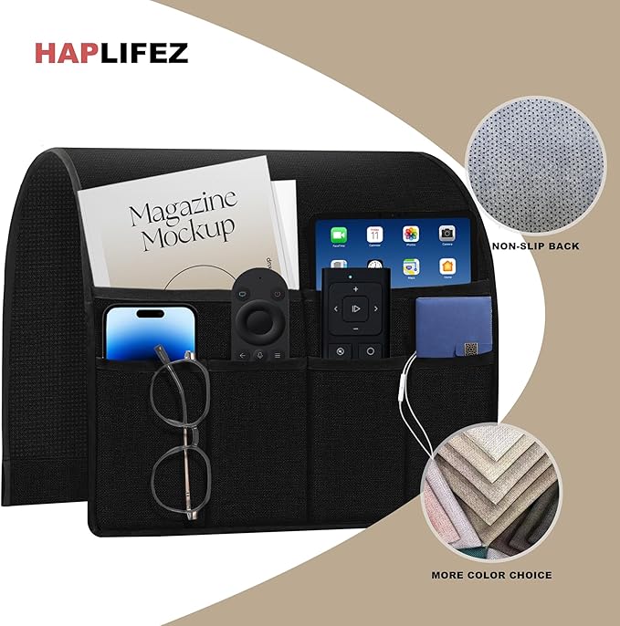 HAPLIFEZ Remote Holder for Recliner Armchair & Couch, Non Slip Sofa Armrest Organizer Caddy with 6 Pockets Thick Linen Fabric Storage for Tablet, Phone, 19x35 Inches, Black