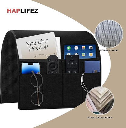 HAPLIFEZ Remote Holder for Recliner Armchair & Couch, Non Slip Sofa Armrest Organizer Caddy with 6 Pockets Thick Linen Fabric Storage for Tablet, Phone, 19x35 Inches, Black