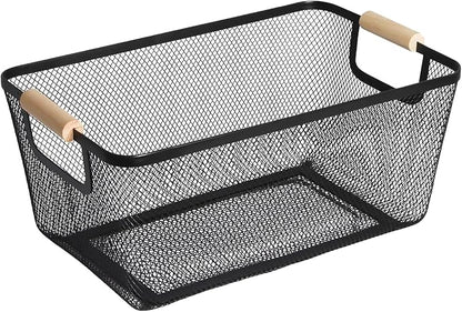 Metal Mesh Steel Basket, Large Wire Storage Organizer Basket Multi-function Hanging Kitchen Baskets with Wood Handle for Kitchen Bathroom Picnic Home, Rectangle-Black