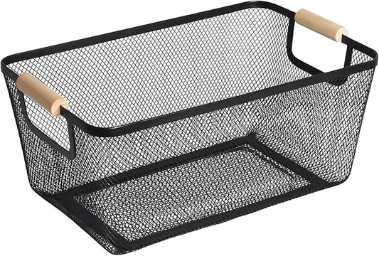 Metal Mesh Steel Basket, Large Wire Storage Organizer Basket Multi-function Hanging Kitchen Baskets with Wood Handle for Kitchen Bathroom Picnic Home, Rectangle-Black