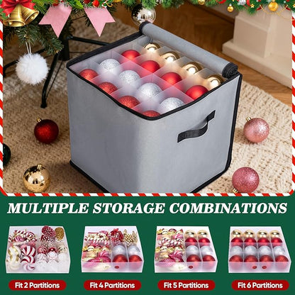 BALEINE Christmas Ornament Storage Box with Dividers, Premium Holiday Ornaments Storage Container Bin for Xmas Decorations (64 Ball, Red, Soft)