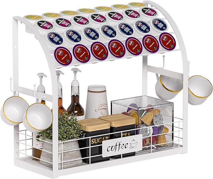Metal K Cup Holder with Wooden Tray, 2-Tier Coffee Bar Organizer with Mug Hooks, Countertop Coffee Pod and Station Accessories – White