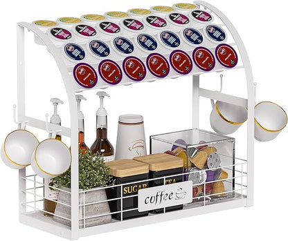 Metal K Cup Holder with Wooden Tray, 2-Tier Coffee Bar Organizer with Mug Hooks, Countertop Coffee Pod and Station Accessories – White