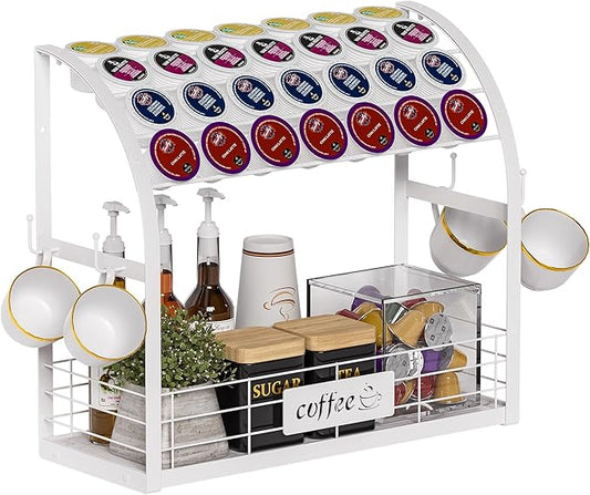 Metal K Cup Holder with Wooden Tray, 2-Tier Coffee Bar Organizer with Mug Hooks, Countertop Coffee Pod and Station Accessories – White